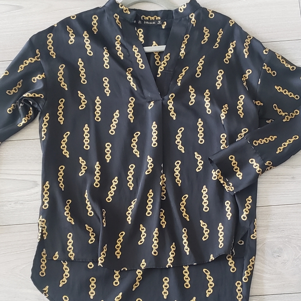 Gorgeous Black & Gold Chain Design V-Neck Blouse